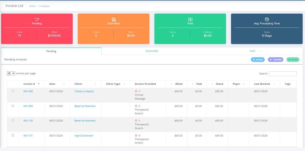 The invoice list showing pending, submitted and paid totals with per-invoice billed, paid and owed amounts